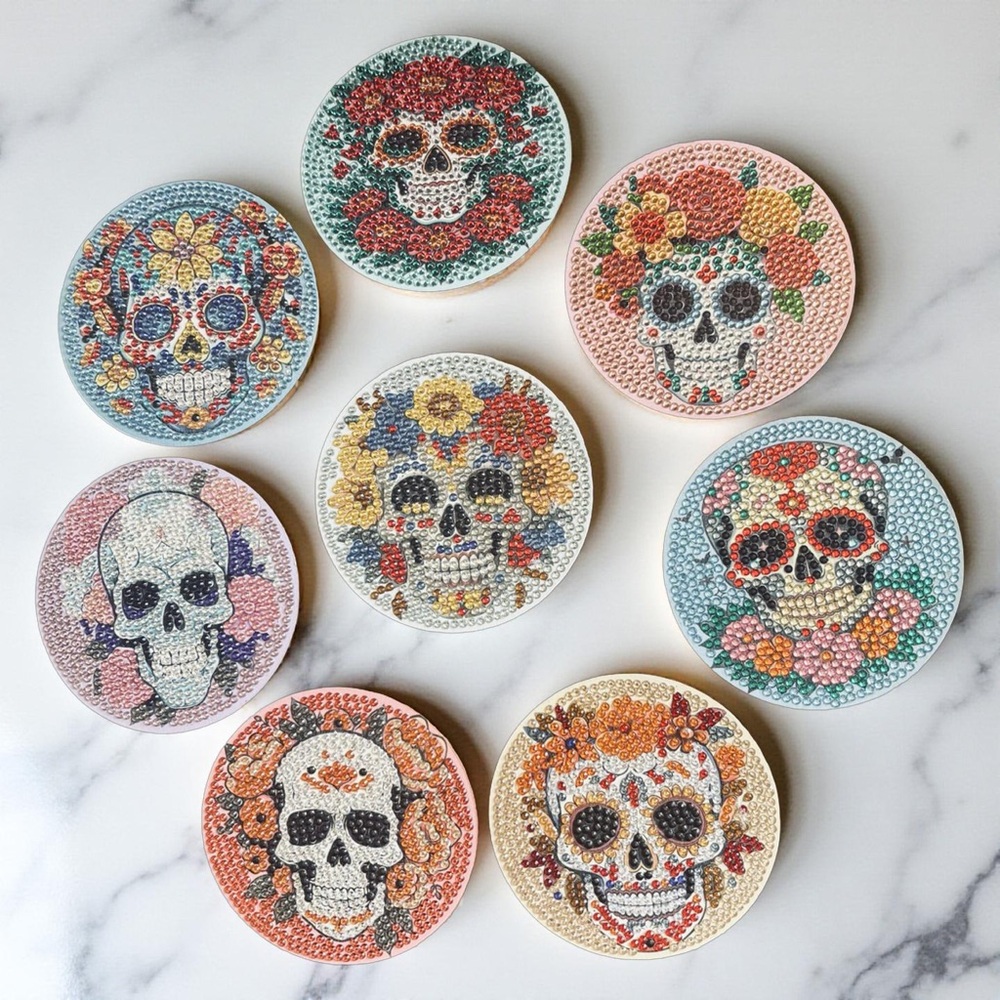 Hand Crafted Sugar Skull Diamond Art Coaster Set
